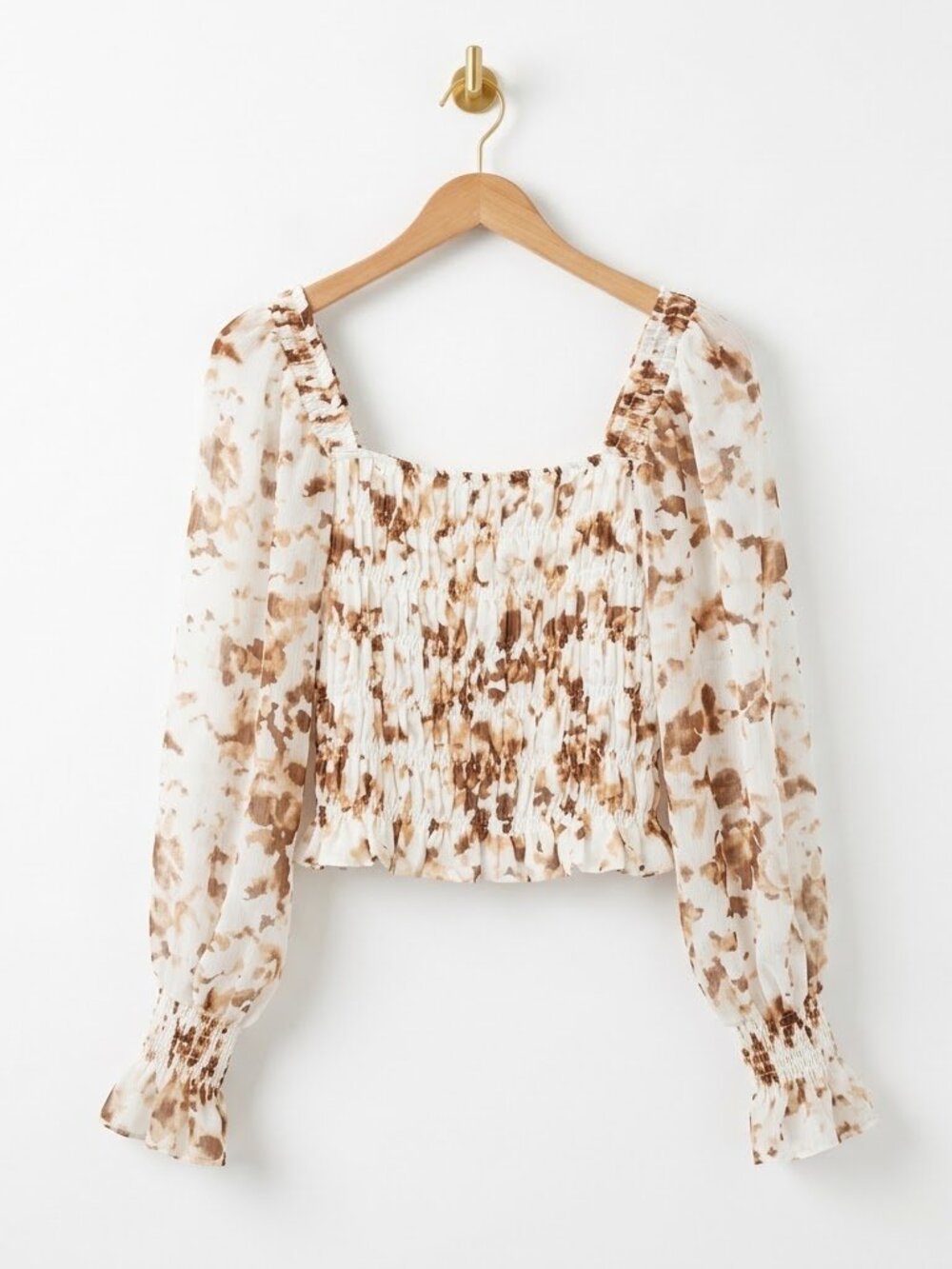 Smocked Crop Top Size Small S White Brown Chiffon Puff Long Sleeve Cottagecore